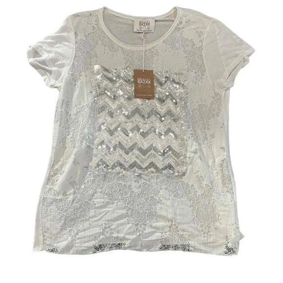 NWT Brand Bazar Sequin Embellishments Lace Pattern Short Sleeve Crewneck Blouse‎ - Picture 1 of 3